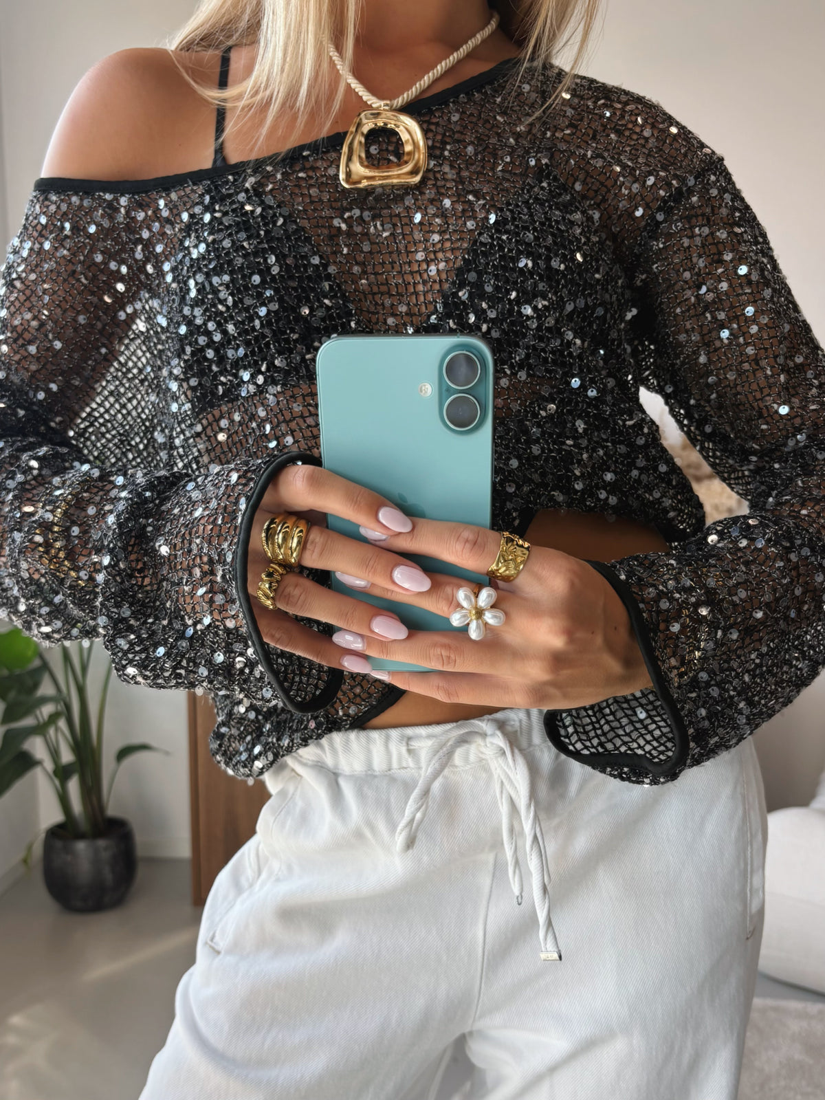 One Shoulder Sparkle Knit - Black