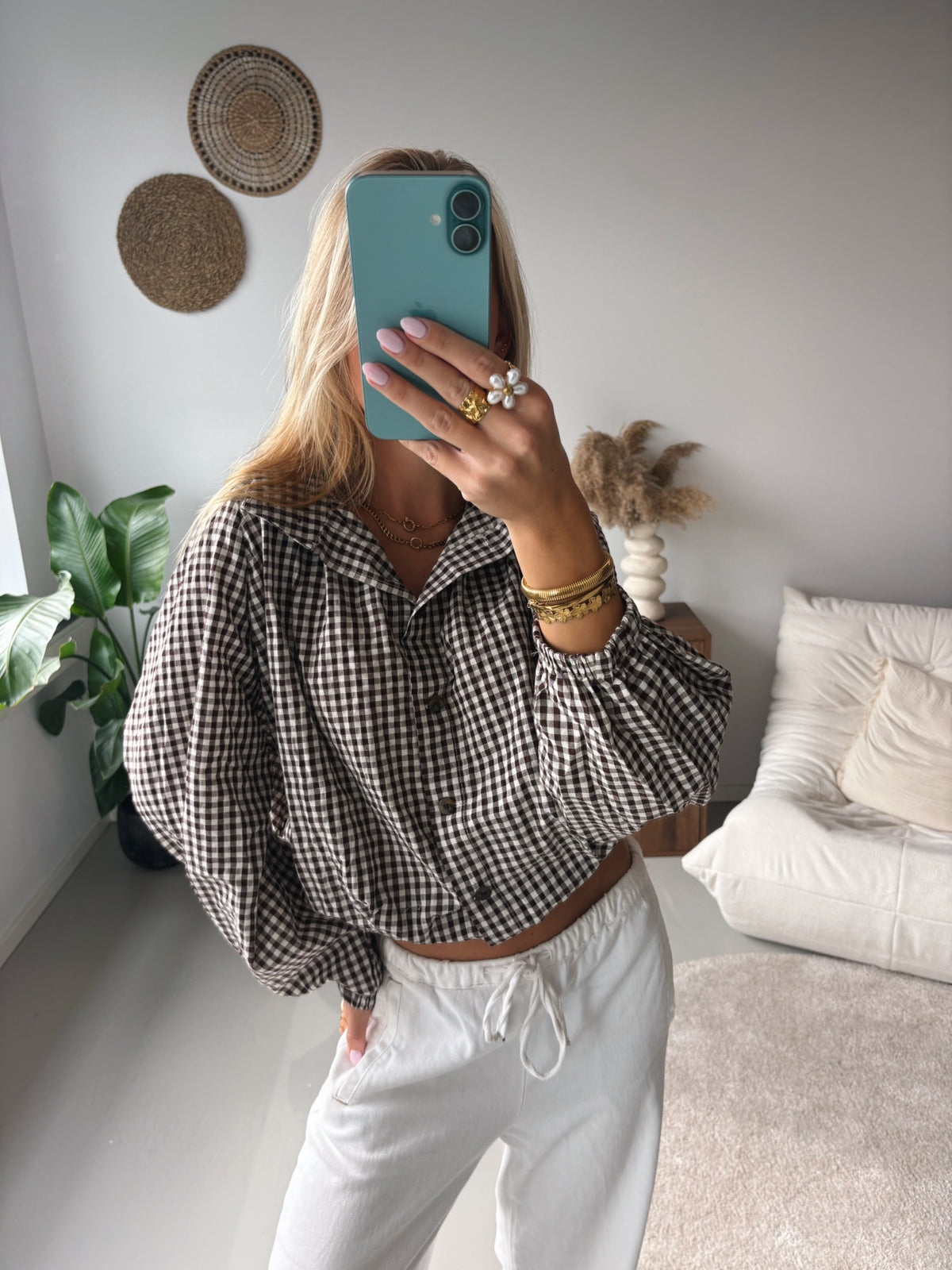 Checked Tie Blouse - Brown