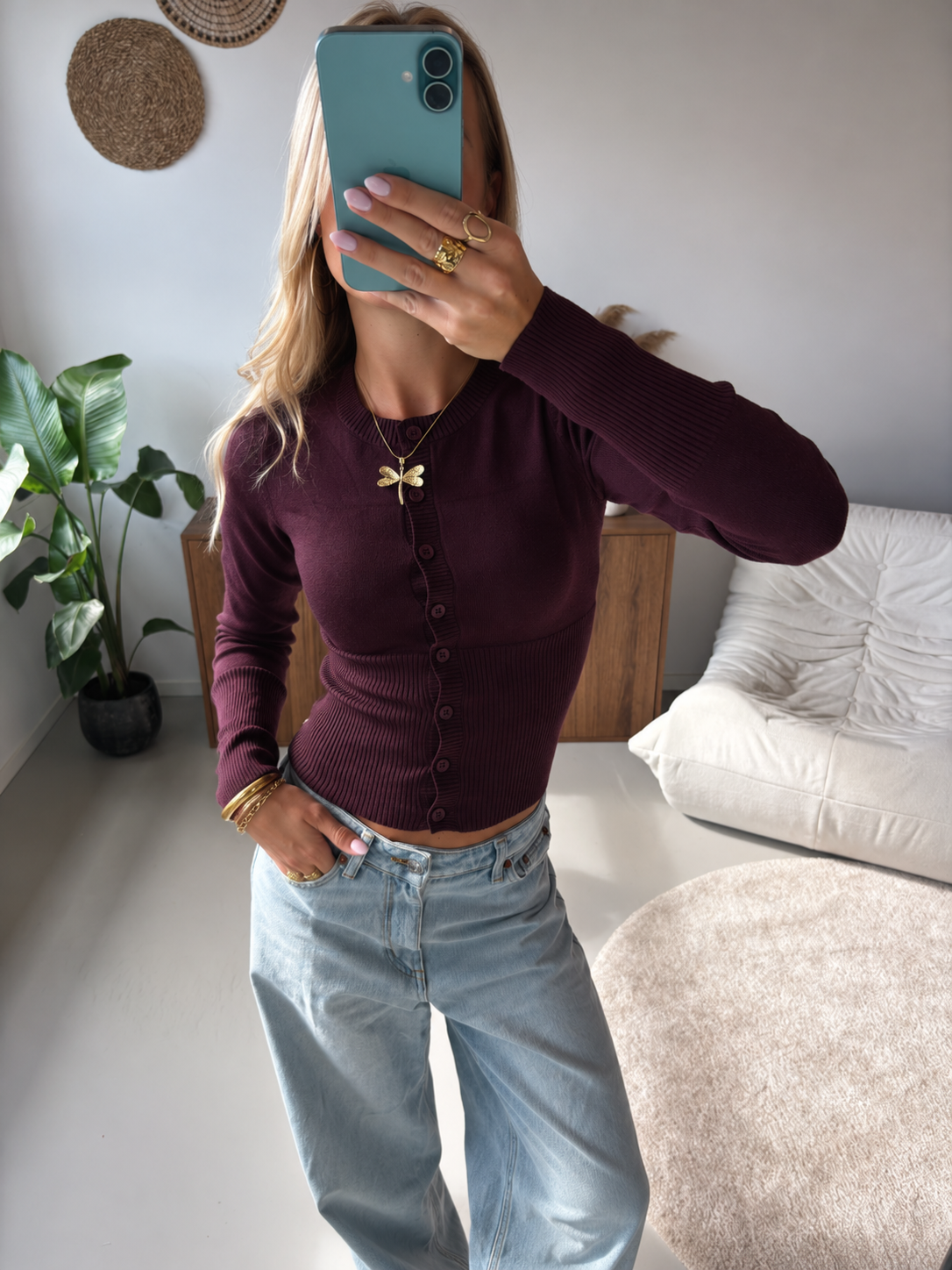 Fitted Button Cardigan - Burgundy