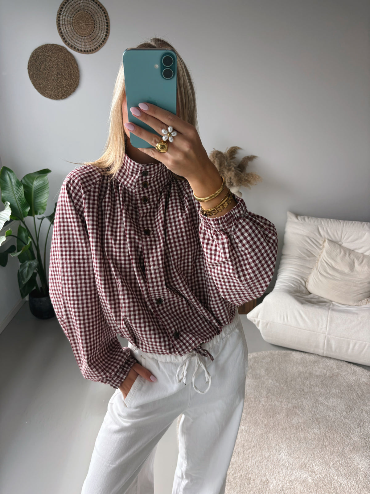 Checked Tie Blouse - Red