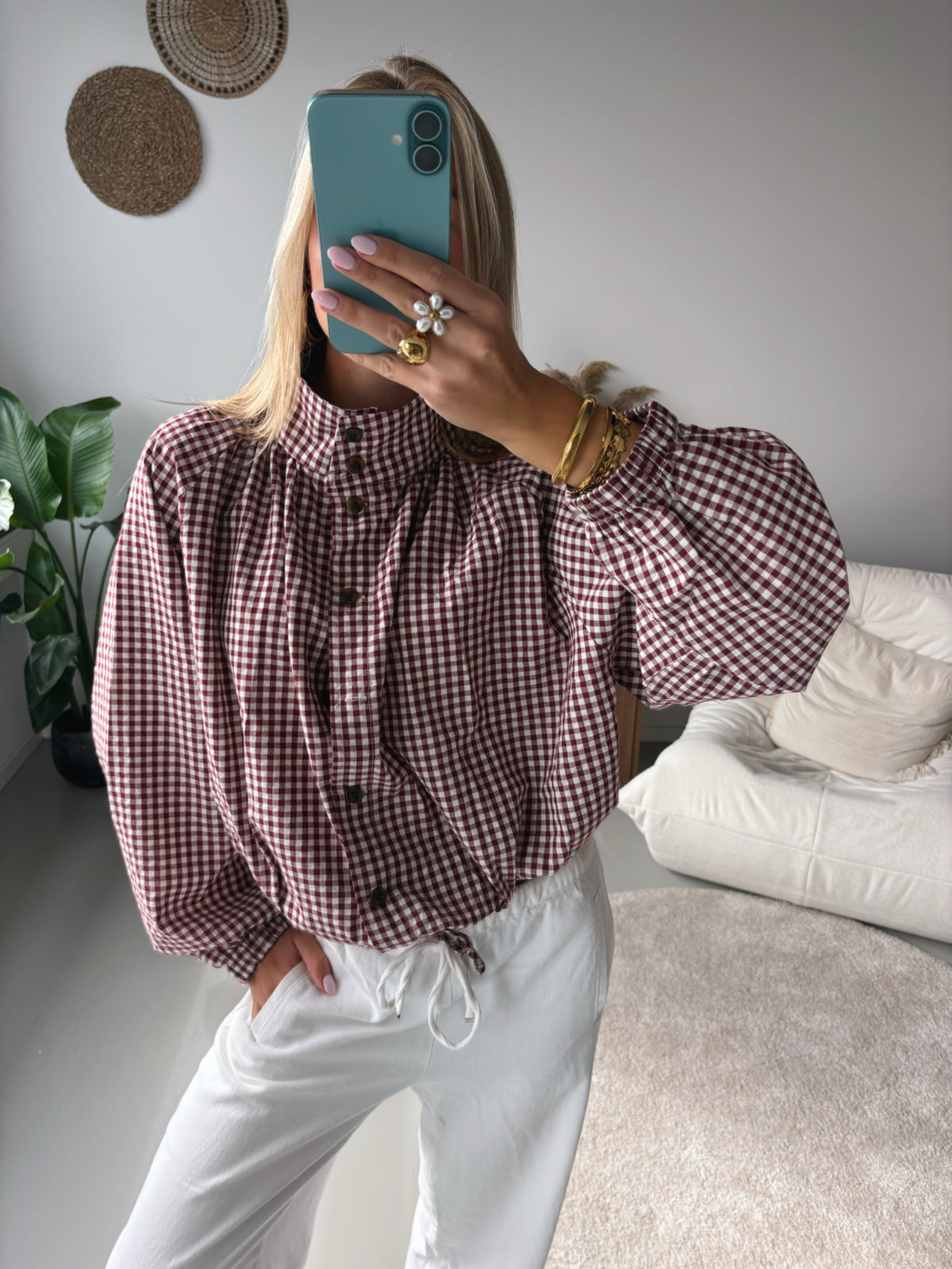 Checked Tie Blouse - Red