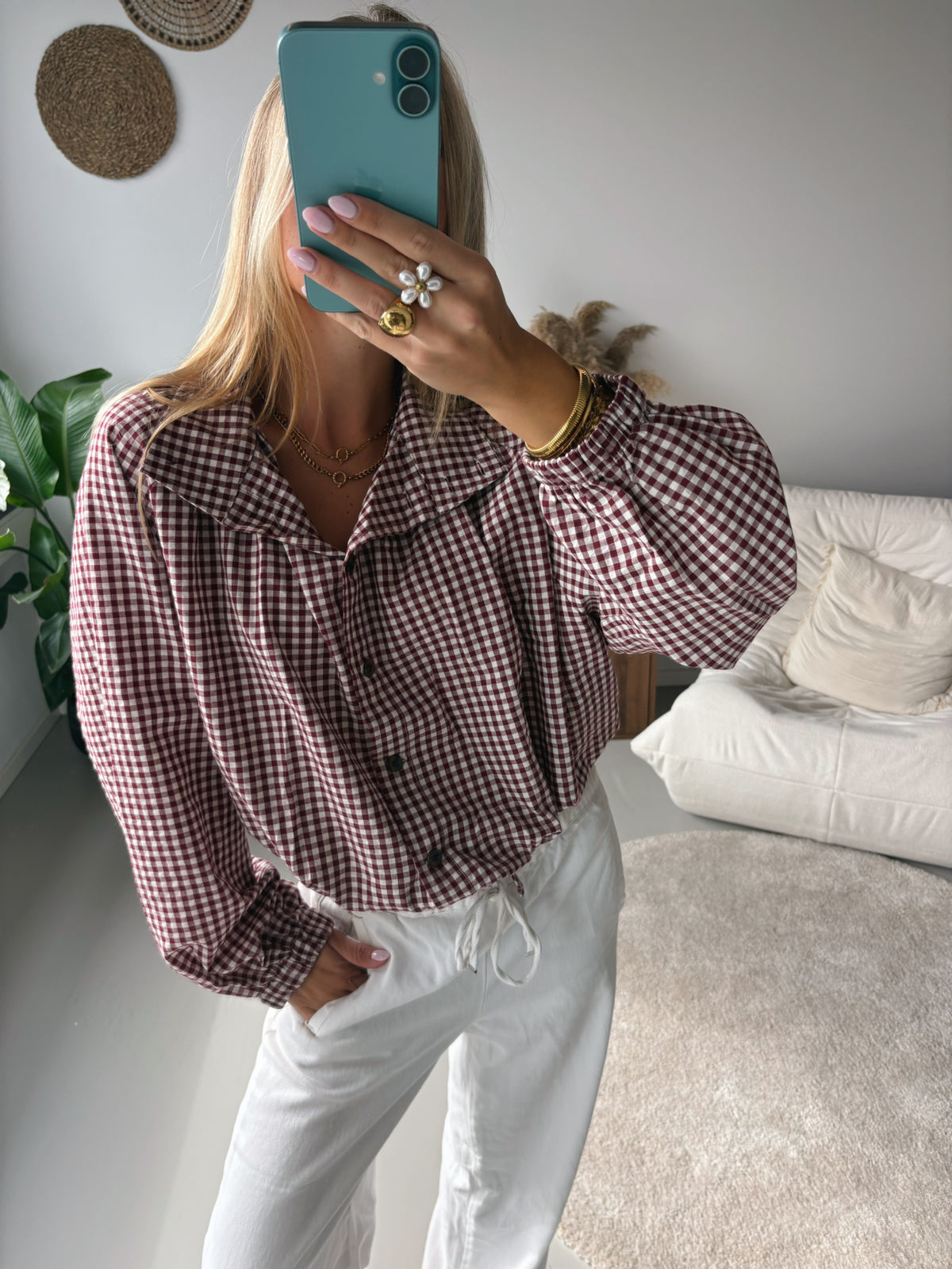 Checked Tie Blouse - Red