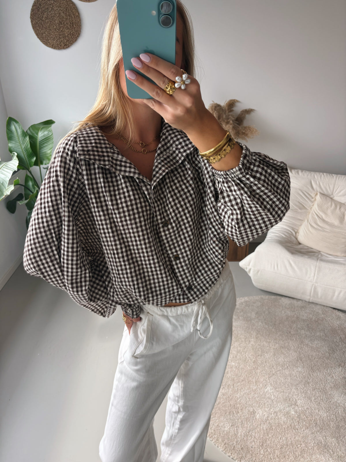 Checked Tie Blouse - Brown