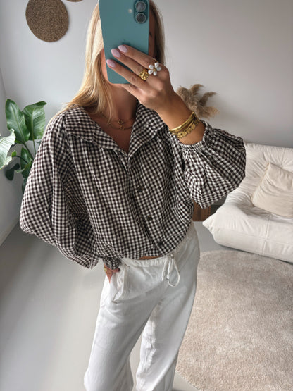 Checked Tie Blouse - Brown