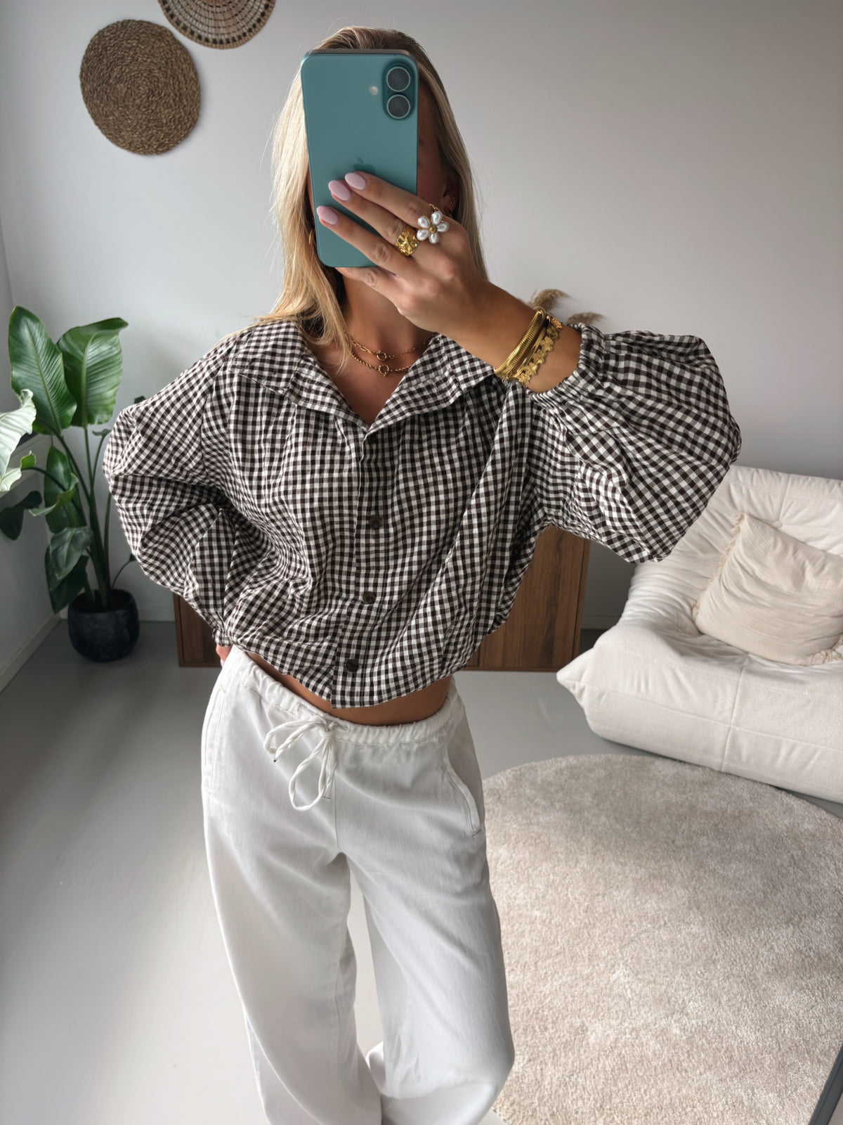 Checked Tie Blouse - Brown