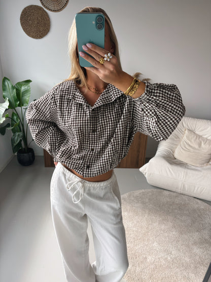 Checked Tie Blouse - Brown