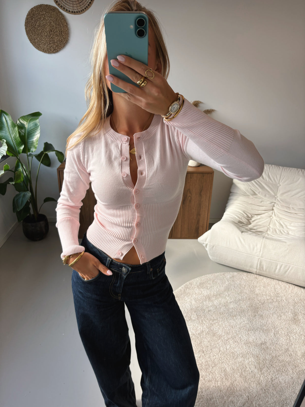 Fitted Button Cardigan - Pink