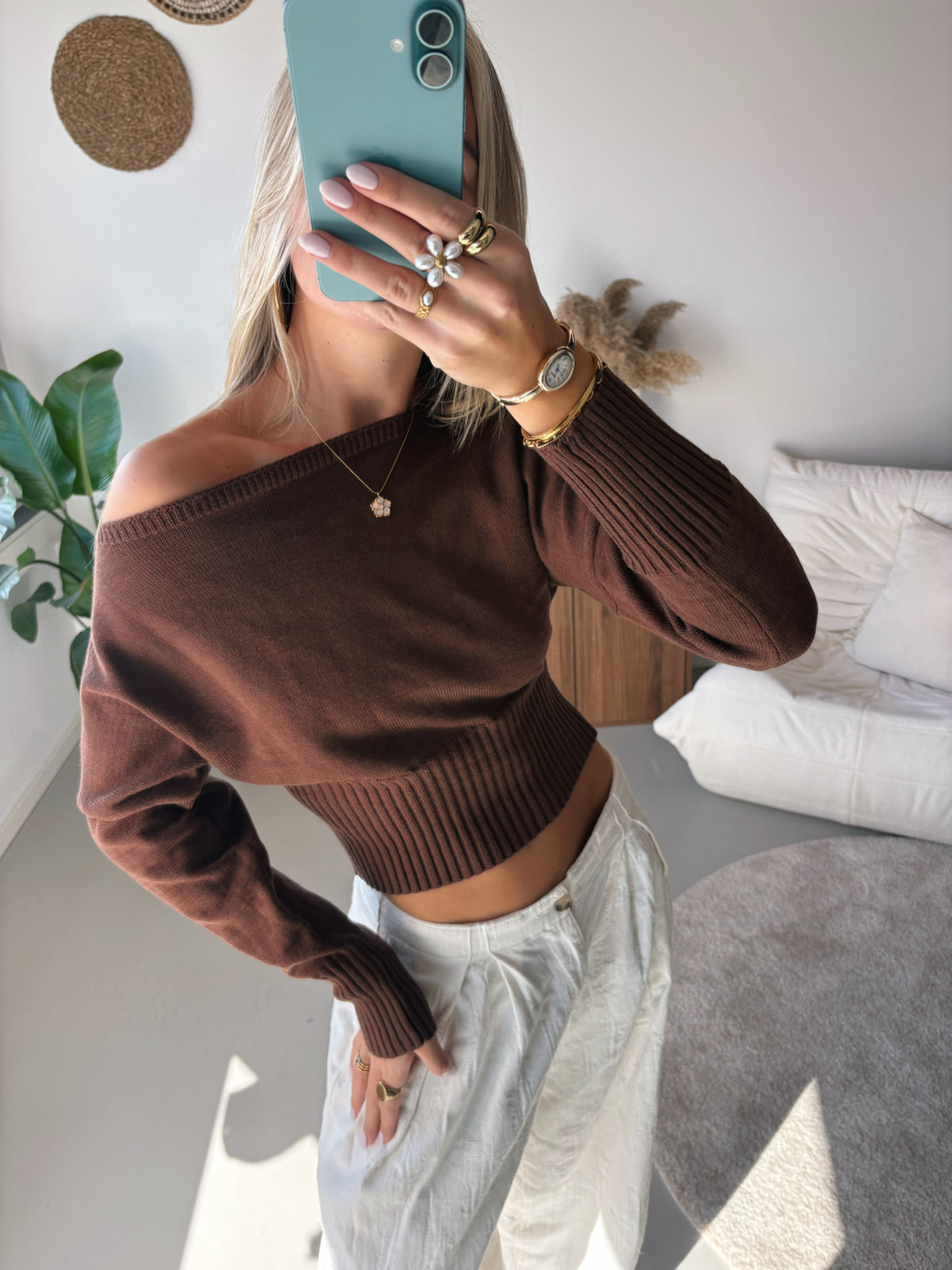 Off Shoulder Knit - Brown